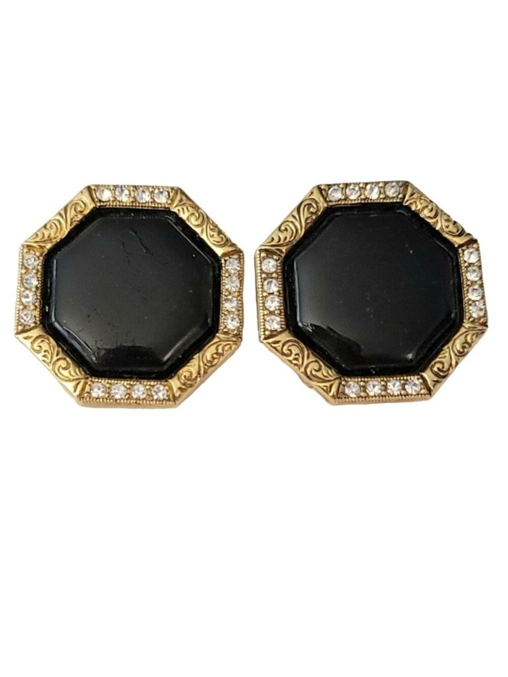 1928 Jewelry Gold Tone Octagon, Clear Rhinestone & Black Clip-On Earrings M126
